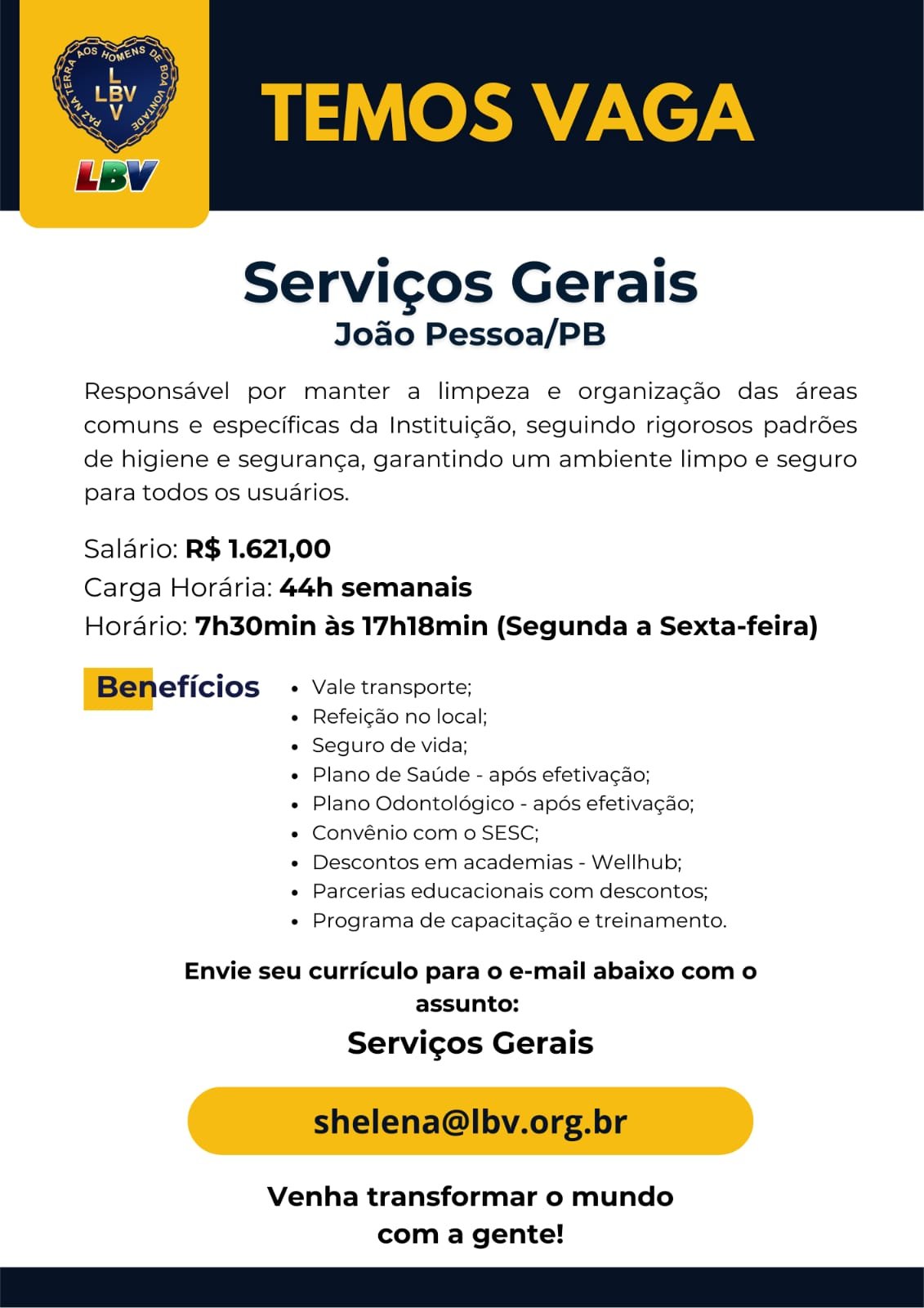 LBV em JP abre vaga de emprego para Auxiliar de Serviços Gerais